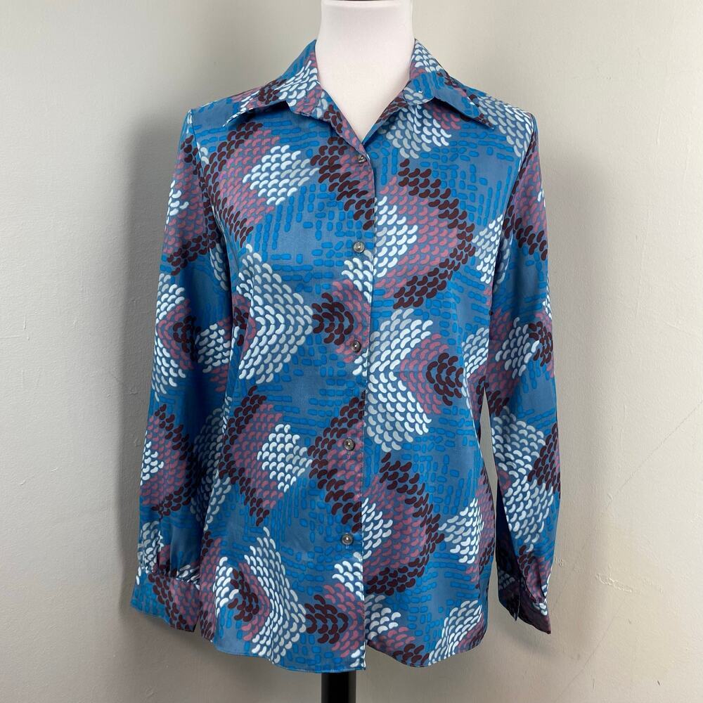 Vintage Diane Rich 70s Geometric Button Down Blouse Dagger Collar Size 11/12